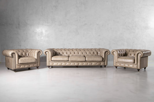 SET Chesterfield en Cuero "Sofá 3 Plazas + 2 Poltronas"